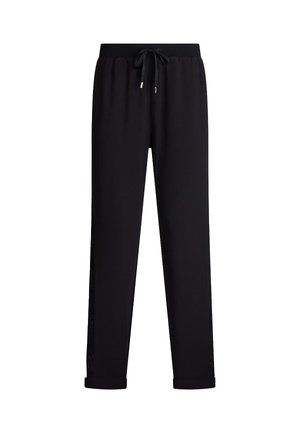Pantaloni sportivi neri con vita regolabile tramite coulisse, gambe affusolate e orli arrotolati, dotati di pannelli laterali texture per un tocco di dettaglio in più.