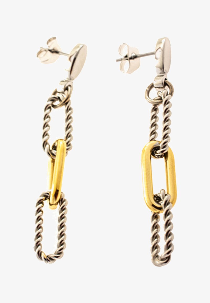 Ohrringe aus Silber und Goldmetall mit verdrehten Gliedern und einer verlängerten ovalen Form, gestaltet mit einem Steckerverschluss.