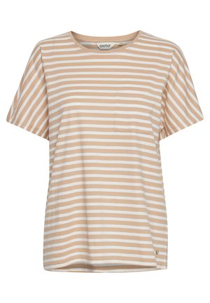T-shirt rayé en beige clair et blanc, encolure ronde, manches courtes, avec une poche poitrine, en coton doux, coupe décontractée.