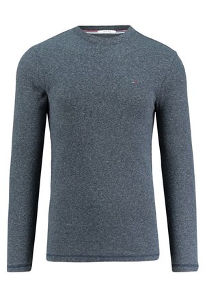 Sweter z długim rękawem, z okrągłym dekoltem, ciemnoszary melanżowy, dziany, z małym czerwonobiałoniebieskim logo na lewej piersi.