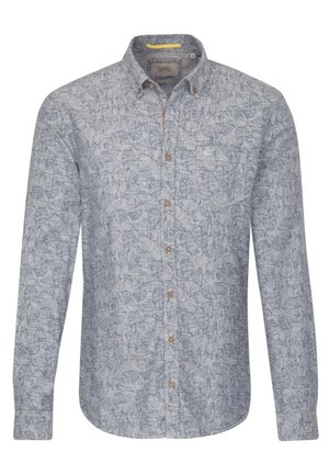 Jasnoniebieska koszula na długi rękaw zapinana na guziki z subtelnym, ciemnoniebieskim motywem liści i pojedynczą kieszenią na lewej piersi.