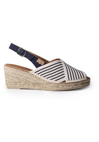 Sandalo con zeppa, superiore in tela a righe, cinturino alla caviglia blu navy e suola in juta intrecciata. Caratterizzato da punta chiusa e chiusura con fibbia robusta.