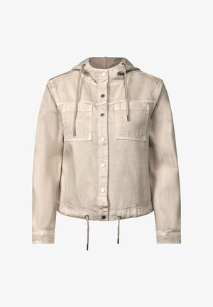 Beige denimjack met capuchon, voorzien van twee voorzakken, drukknoopsluiting, trekkoordverstellers en een textuurafwerking.