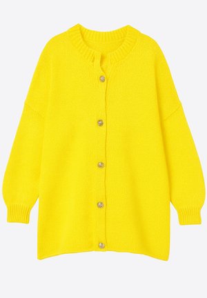 Felgele oversized cardigan gemaakt van gestructureerde gebreide stof, met een geribbelde kraag, lange mouwen en goudkleurige knopen aan de voorkant.