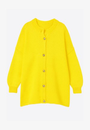 Felgele oversized cardigan gemaakt van gestructureerde gebreide stof, met een geribbelde kraag, lange mouwen en goudkleurige knopen aan de voorkant.