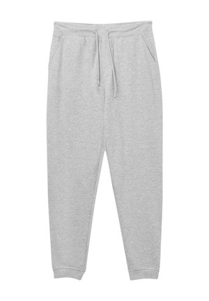 Pantaloni della tuta grigi in cotone con cintura elastica, cordoncino, tasche laterali e gambe affusolate. Texture liscia e design minimale.