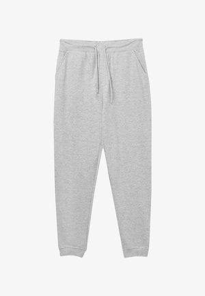 Graue Baumwoll-Sweatpants mit elastischem Bund, Kordelzug, seitlichen Taschen und schmal zulaufendem Bein. Glatte Textur und minimalistisches Design.