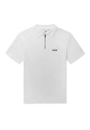 White polo shirt made of cotton with a short zipper neckline, featuring a black embroidered "BALR." logo on the left chest.
