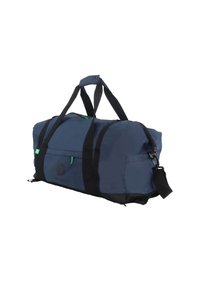 Bolsa de lona de la marina con correas negras, un bolsillo con cremallera en la parte frontal y acentos verdes. Hecha de material duradero, cuenta con una correa de hombro desmontable.