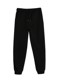 Schwarze Jogginghosen aus weichem Stoff, mit elastischem Bund und Kordelzug, seitlichen Taschen und schmal zulaufenden Bündchen.