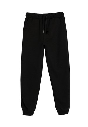 Zwarte joggingsbroek gemaakt van zachte stof, met een elastische tailleband met koord, zijzakken en taps toelopende boorden.