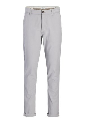 Lysegrå bukser med lige ben og opbuk ved benene, knap- og lynlås lukning, bæltestropper og subtilt tekstureret stof.