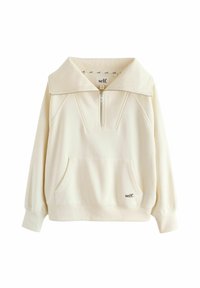 Maglione color crema con collo largo, mezza cerniera e tasca frontale. Presenta polsini elastici e un logo discreto sul lato inferiore.