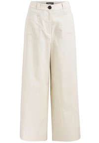 Beige wijde pantalons gemaakt van een lichtgewicht stof. Voorzien van een knoopsluiting en twee voorkruimelpockets met een zachte textuur.