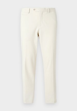 Pantaloni beige chiaro realizzati in tessuto morbido. Caratterizzati da una zip frontale, chiusura con bottone e tasche laterali inclinate con un design slim fit.