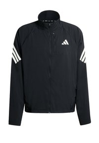 Black athletic jacket featuring a high collar, zip closure, and white three-stripe accents on the sleeves. Lightweight, smooth fabric.