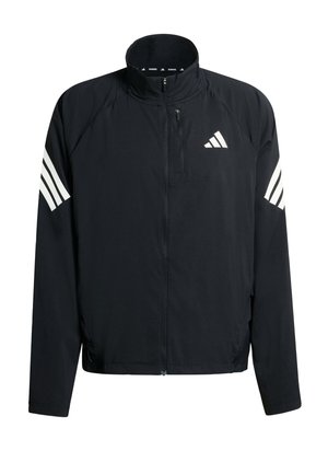 Schwarze Sportjacke mit hohem Kragen, Reißverschluss und weißen Drei-Streifen-Akzenten an den Ärmeln. Leichtes, glattes Material.