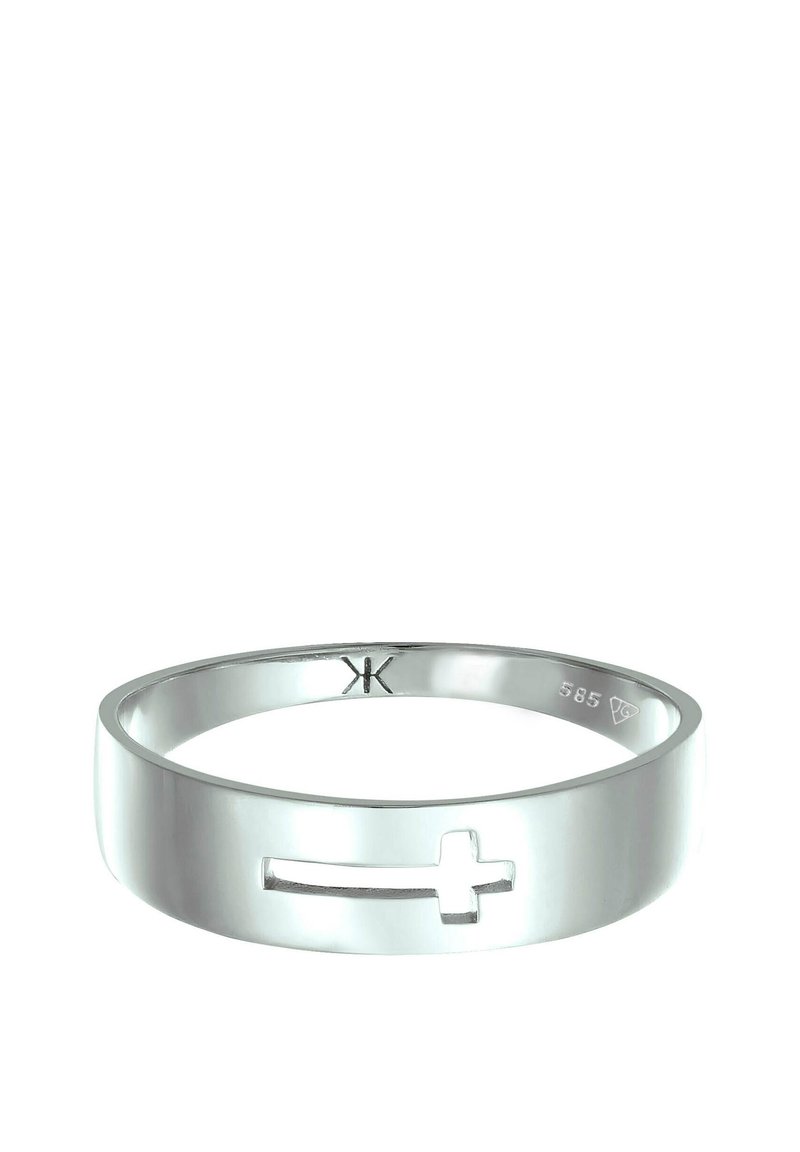Silverring med en slät ring som har ett utskuret korsmönster. Märkt med "585" för guldinnehåll och en tillverkningsstämpel inuti.