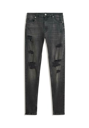 Zwarte slim-fit jeans van denim, met gescheurde details op de voorkant en een vervaagde textuur. Standaard vijfzakken ontwerp met metalen hardware.