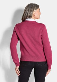 Fuchsia Strickpullover mit geripptem Saum und Bündchen, mit einem V-Ausschnitt-Design. Getragen über einem weißen Hemd mit Kragen, von hinten gezeigt.