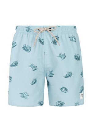 Lichtblauwe zwemshorts met donkerblauwe illustraties met tropisch en surf-thema en een beige trekkoord in de taille.