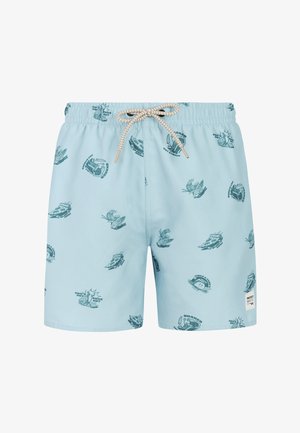 Lichtblauwe zwemshorts met donkerblauwe illustraties met tropisch en surf-thema en een beige trekkoord in de taille.