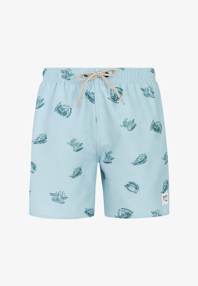 Shorts de bain bleu clair avec des illustrations tropicales et de surf bleu foncé et un cordon beige à la taille.