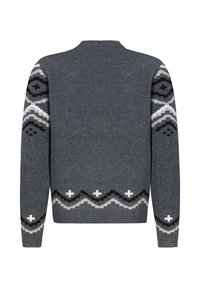 Grau gestrickter Pullover mit geometrischen Mustern in Schwarz, Weiß und Grau an den Ärmeln und dem Saum. Rundhalsausschnitt, lange Ärmel, weiches Material.