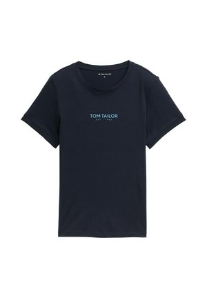 Temno modra bombažna majica s kratkimi rokavi in okroglim izrezom, na sprednji strani je natisnjen svetlo moder logotip "TOM TAILOR". Velikost S.