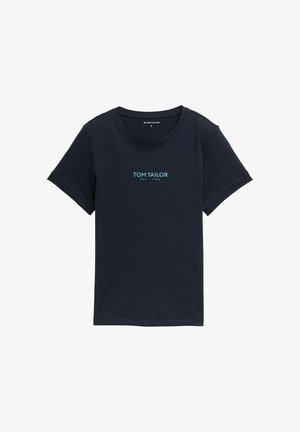 Navyblaue Baumwoll-T-Shirt mit Rundhalsausschnitt, kurzen Ärmeln und einem hellblauen "TOM TAILOR"-Logo auf der Vorderseite. Größe S.