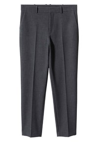 Donkergrijze broek met een gladde textuur, voorzien van een flat front, riemlussen en twee zijzakken. Getailleerde pasvorm met plooien.