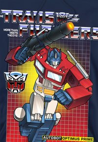 Transformers graphic featuring a prominent red and blue robot with a gray torso, wielding a large black cannon against a grid background.