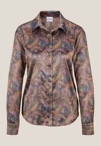 Bruine button-up shirt met een kleurrijk paisleypatroon, voorzien van een klassieke kraag en lange mouwen, gemaakt van glad, glanzend materiaal.