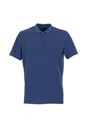 Navyblauwe katoenen polo met kraag, twee knopen, korte mouwen en een klein logo op de borst.