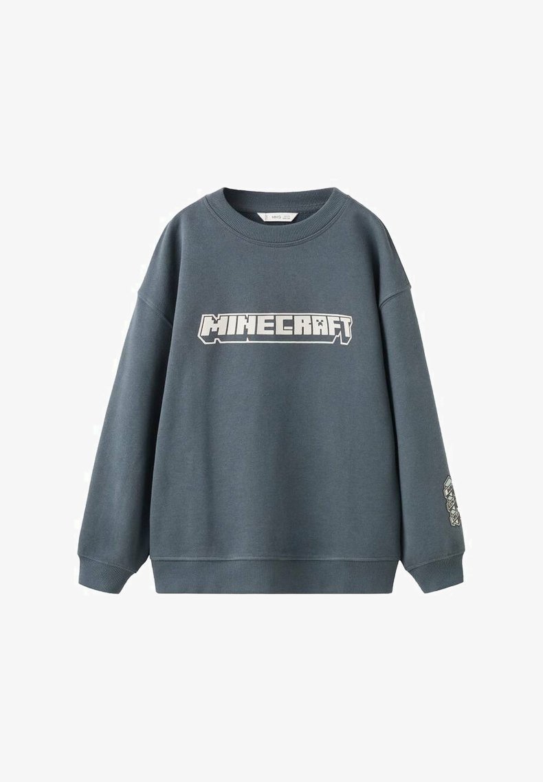 Světlá modrošedá mikina z měkké tkaniny s velkým nápisem "MINECRAFT" na přední straně a vzorovaným detailem na rukávu.