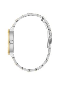 Silver and gold-tone metal watch with a round case, textured bezel, and linked bracelet. Smooth surface with polished accents.