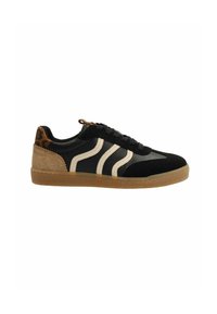 Black sneaker with suede and leather upper, featuring beige stripes, a textured brown heel, and a rubber sole. Laces in black.