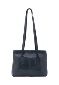 Sac en cuir bleu marine avec deux longues poignées, de forme rectangulaire, texture lisse et design minimaliste mettant en avant des détails cousus.