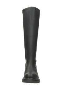 Zwarte kniehoge laars van soepel leer, met een ronde neus en een stevige rubberen zool, subtiele stiksels en een rits aan de zijkant.