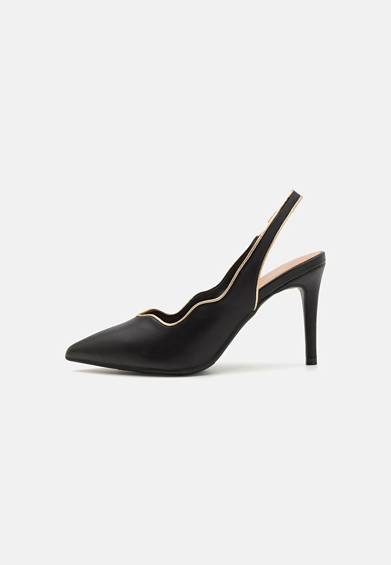 Svarte lær slingback-hæler med spiss tå og bølget utskjæringsdesign. Har tynn gullkant og stilettomhæl.