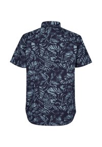Camicia a maniche corte di un blu scuro con un motivo botanico azzurro chiaro. Presenta un colletto e un orlo curvo. Tessuto dallas texture liscia.