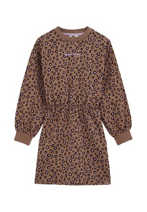 Rjava obleka z dolgimi rokavi z elastičnim pasom, vijoličnim in črnim leopardjim potiskom, rebrastimi manšetami ter napisom "young & free" na prsih.
