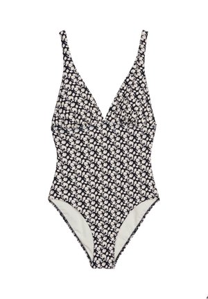 Bañador de una pieza con escote en V profundo y tirantes finos, con un estampado floral en blanco y negro.