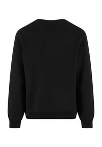 Schwarzer Pullover mit Rundhalsausschnitt, gerippten Bündchen und Saum. Das Material wirkt weich mit einer glatten Textur und zeigt ein einfaches Design.