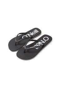 Svarta flip-flop-sandaler med en texturerad sula, med en upphöjd vit O'Neill-logotyp och tunna svarta remmar, översållade med en vit sula kant.