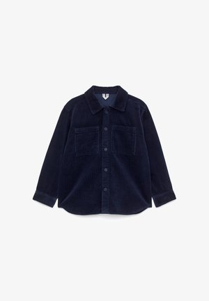 Navyblå corduroy langærmet skjorte med krave, knaplukning foran og to brystlommer.