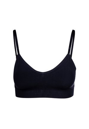Czarny biustonosz z cienkimi, regulowanymi ramiączkami, miękką tkaniną, zaokrąglonym dekoltem i bezszwowym wykończeniem. Gładka faktura z szerokim pasem pod biustem.