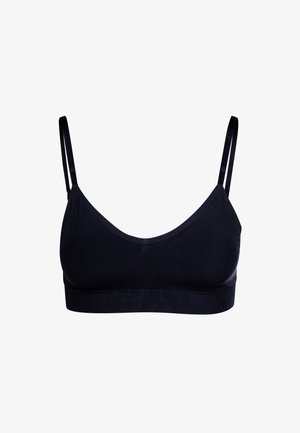 Zwarte beha met dunne verstelbare bandjes, zachte stof, ronde halslijn en een naadloos ontwerp. Gladde textuur met brede onderband.