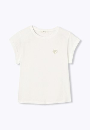 T-shirt blanc en coton à manches courtes avec revers retroussés et petit logo brodé beige sur le côté gauche de la poitrine.