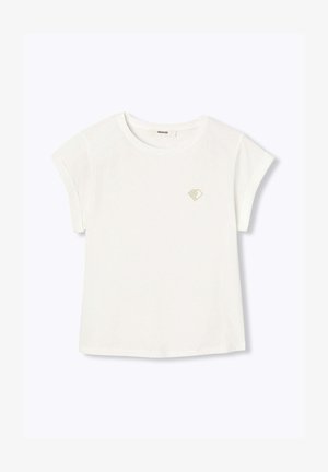 T-shirt blanc en coton à manches courtes avec revers retroussés et petit logo brodé beige sur le côté gauche de la poitrine.